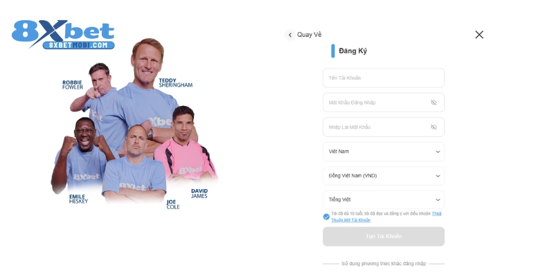 Biểu mẫu đăng ký tại nhà cái 8xbet mới nhất
