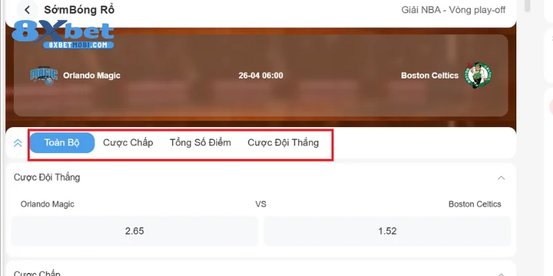 Hệ thống kèo cược bóng rổ 8xbet được yêu thích