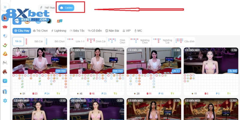 Người chơi lựa chọn danh mục casino 8xbet dễ dàng
